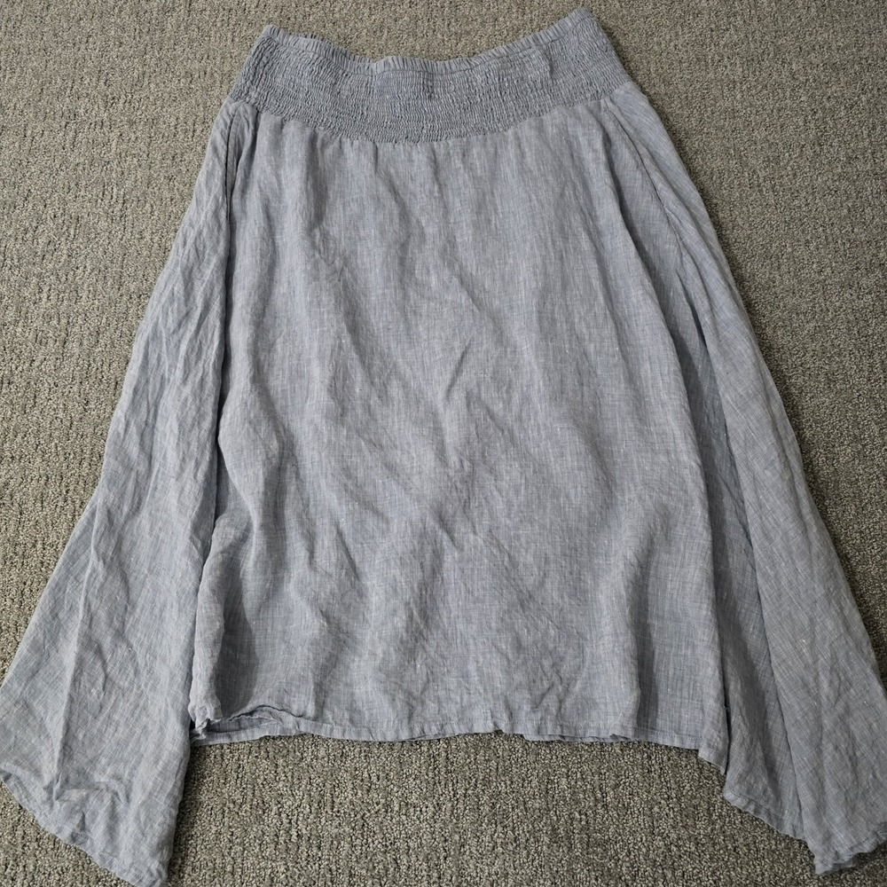 Eileen Fisher Chambray Blue Linen Midi Skirt Drop Waist Asymmetrical Hem L
